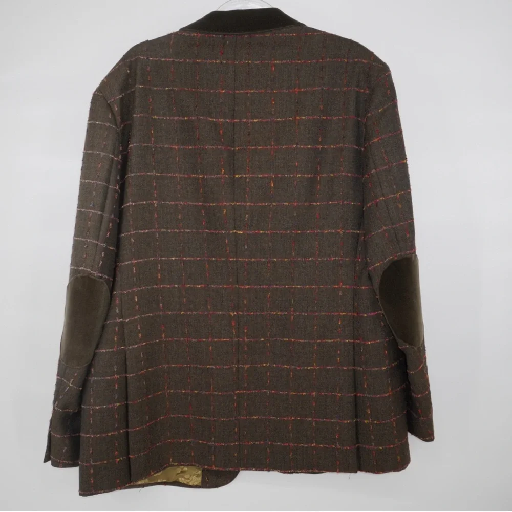 TED BAKER Brown Fuchsia Window Pane 100% Wool Sport Coat Velvet Elbow Collar 46R